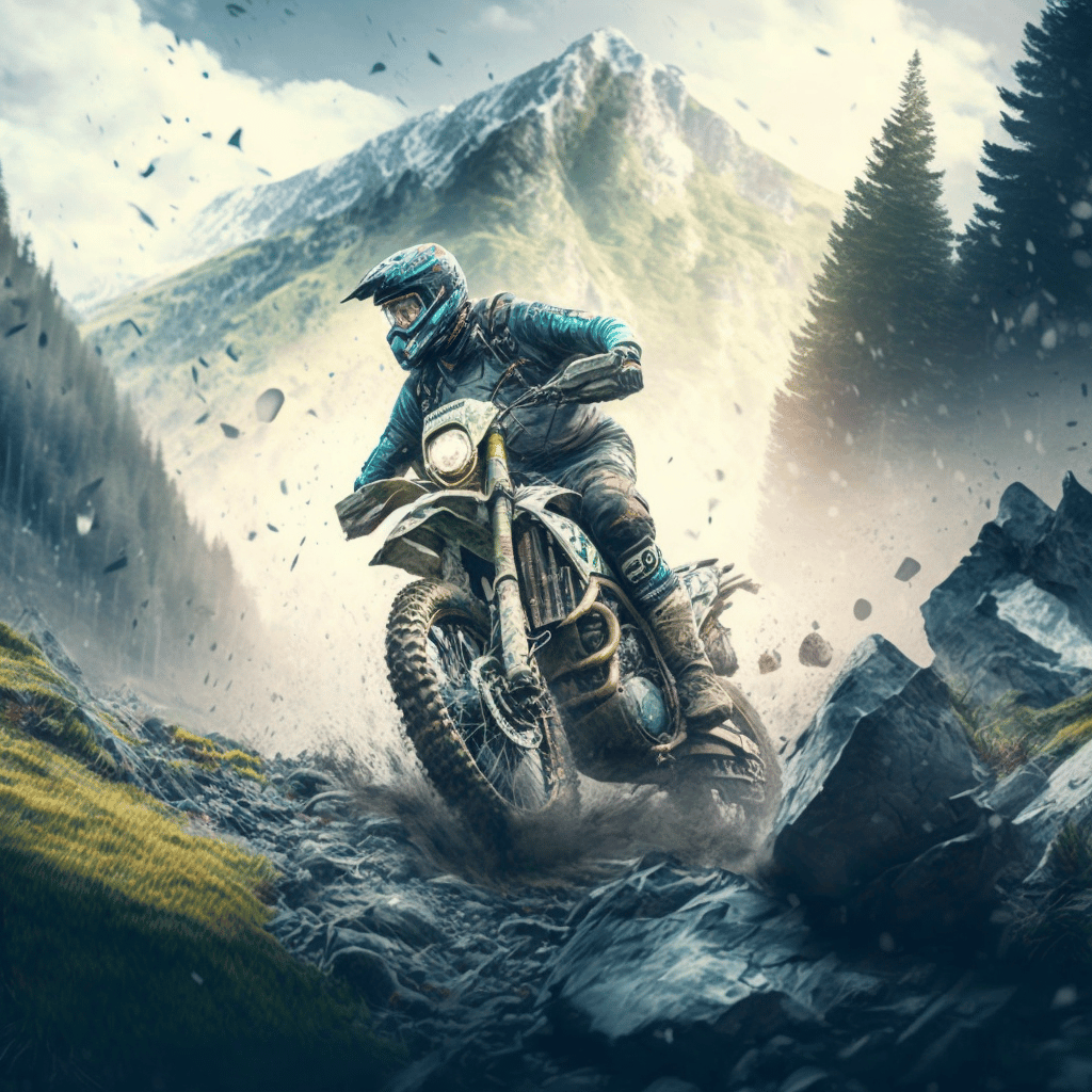 un motard en moto trail roulant sur un chemin de montagne